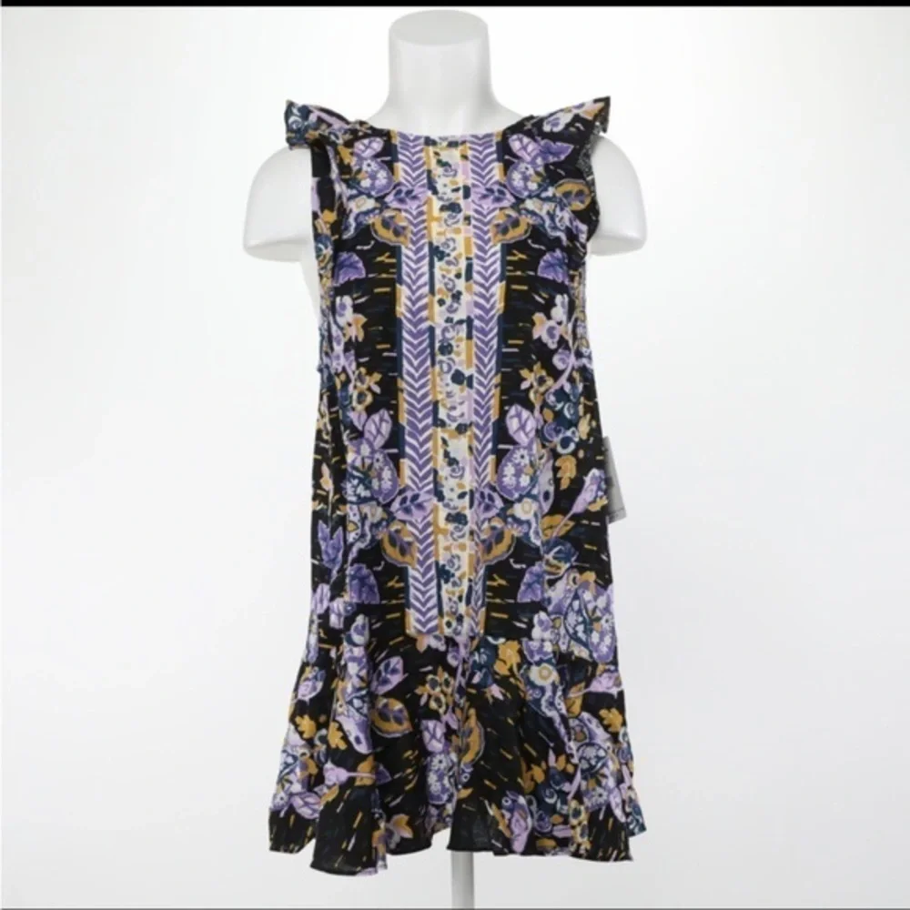 Free People Dress NWT Size Small Purple and Blue Print LINEN BLEND Relaxed Fit